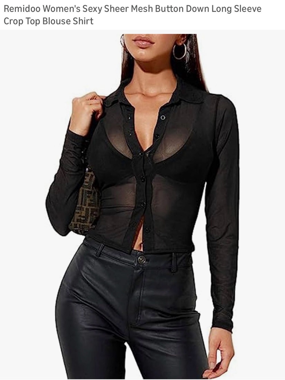 Mido Black Sheer Mesh Button-Down Crop Top
